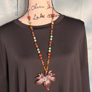 Jasper Brass Leaf Pendent Necklace with Vintage Elements